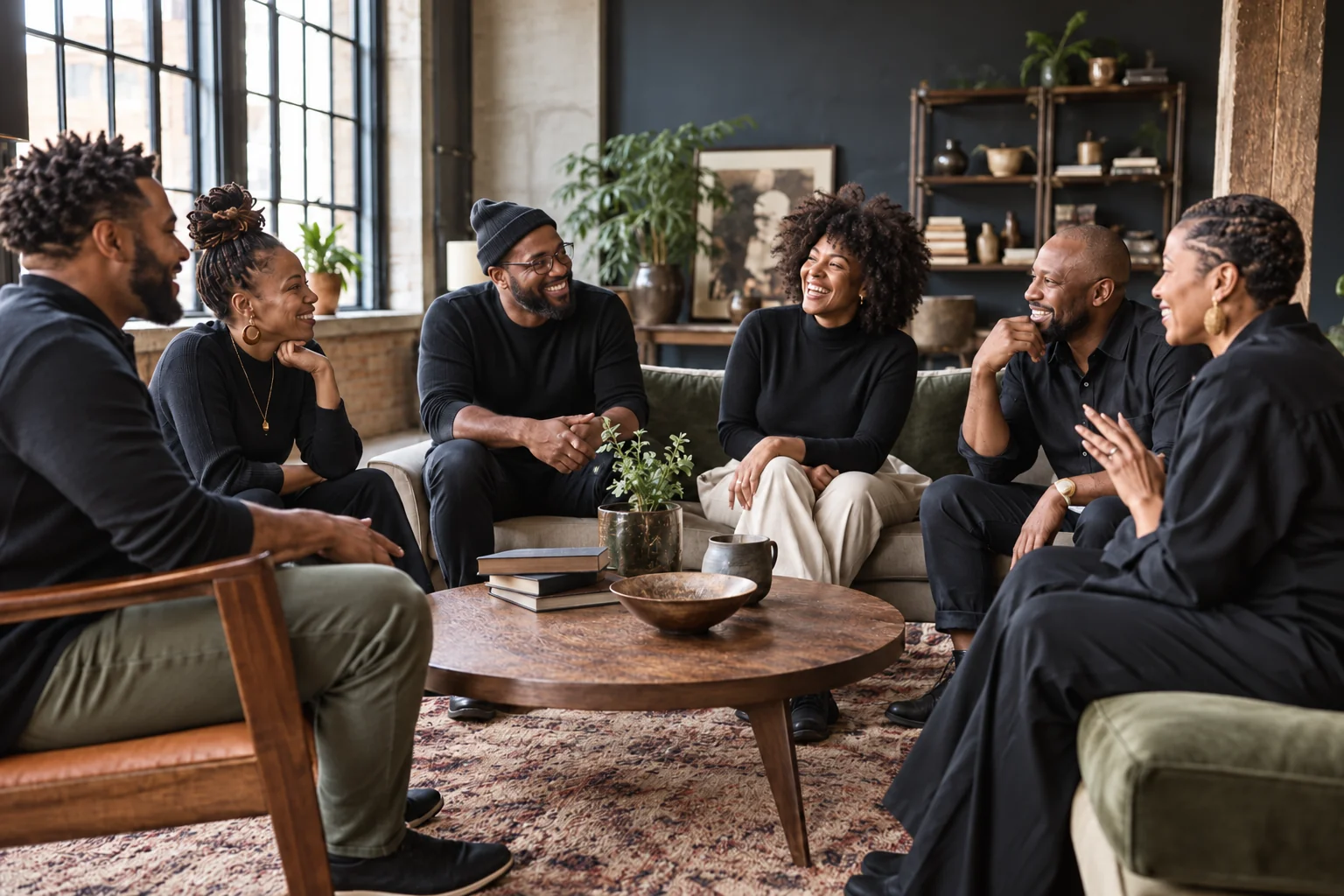 AI-generated community concept: a small group sharing an honest, joyful conversation