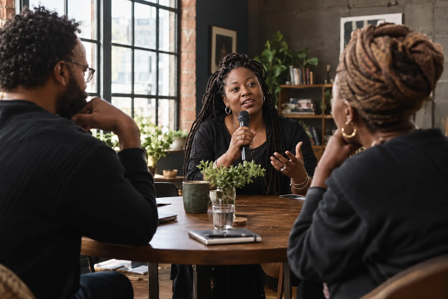 AI-generated community concept: a woman shares her perspective with two attentive listeners